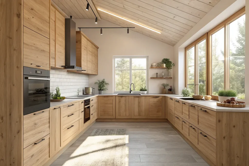 Natural wood kitchen cabinets