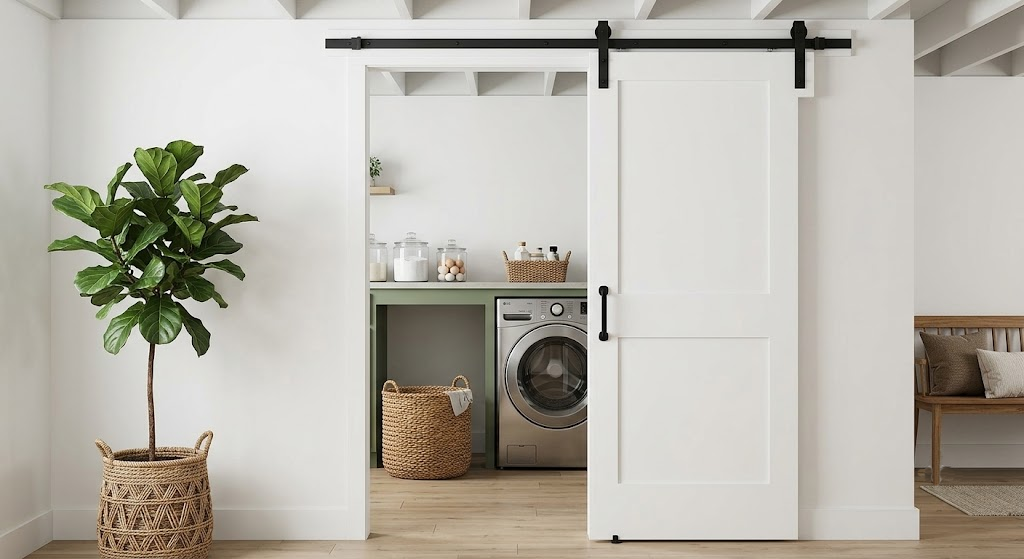 White wooden sliding Laundry Room Door opening to washer