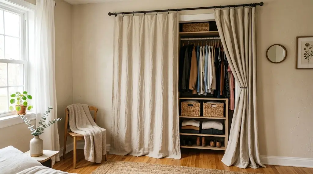 Beige linen curtains used as closet doors in a warm bedroom.