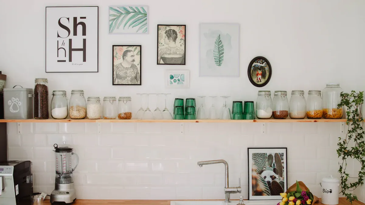 Glass-Front Cream Cabinets