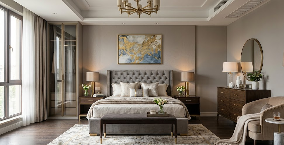 George modern luxury bedroom furniture set with tufted bed and wardrobe.