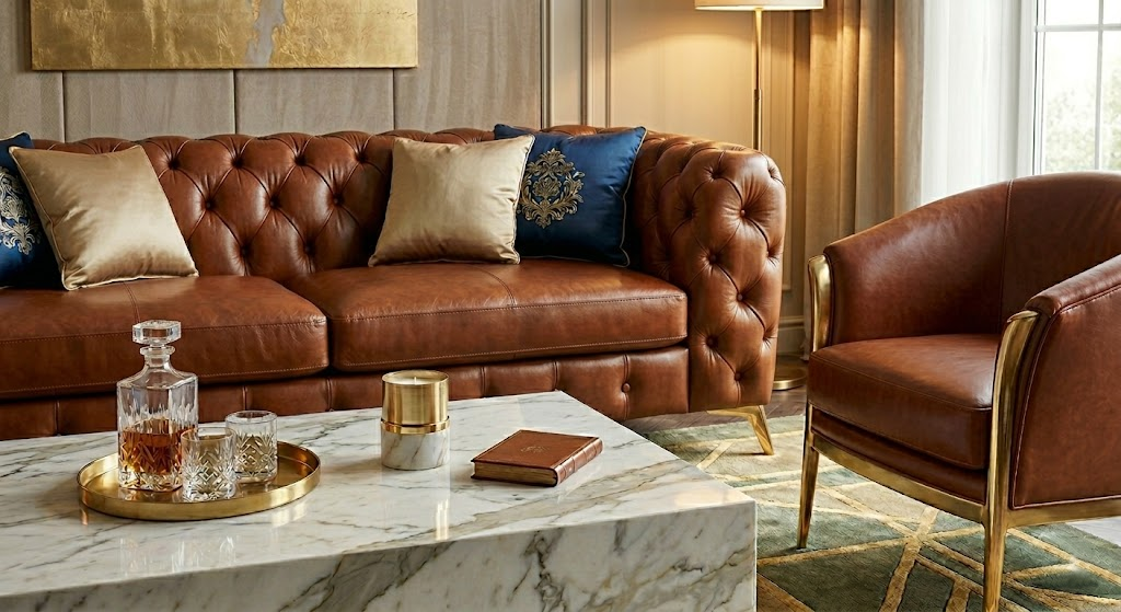 Luxury brown leather Chesterfield sofa and armchair with marble coffee table used to showcase high