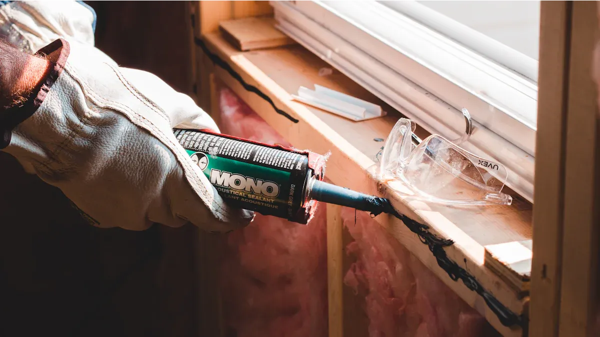 Close-up of an installer applying black acoustical sealant around a new white vinyl window frame for air sealing.