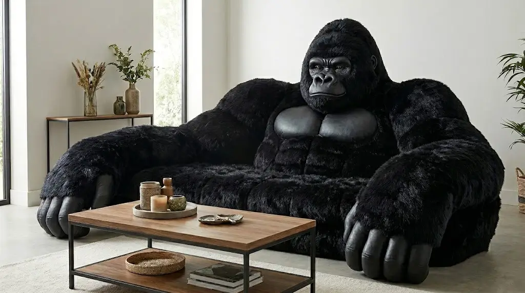 A massive, black plush gorilla-shaped couch.