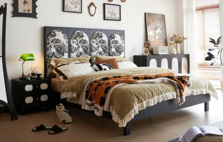 Black and tan Chinese-Style Bed in a cozy, sunlit room, showcasing George furniture products and vintage decor.