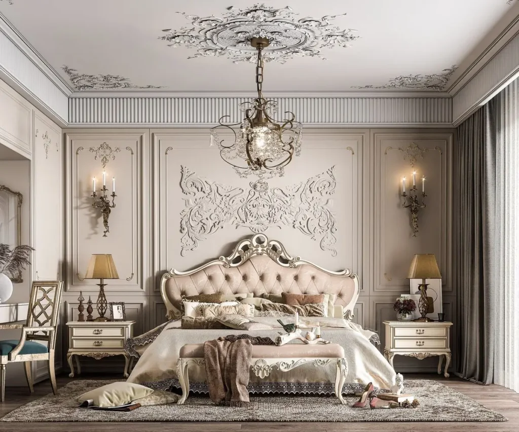 Elegant European-style bed with carved details and an upholstered headboard in a classic luxury bedroom.