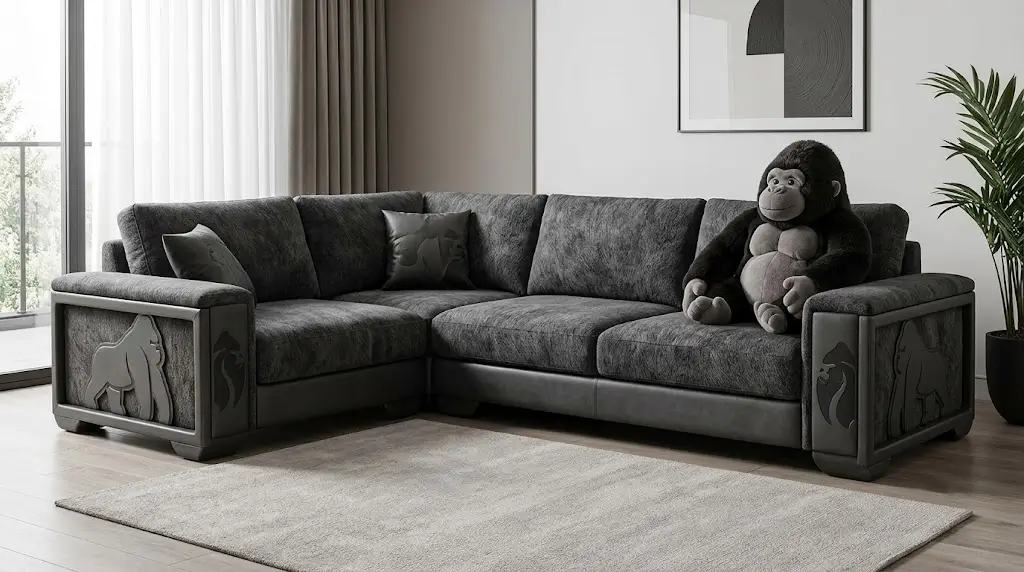 Modern L-shaped 'Gorilla Couch' with sculpted armrest reliefs and a matching plush toy.