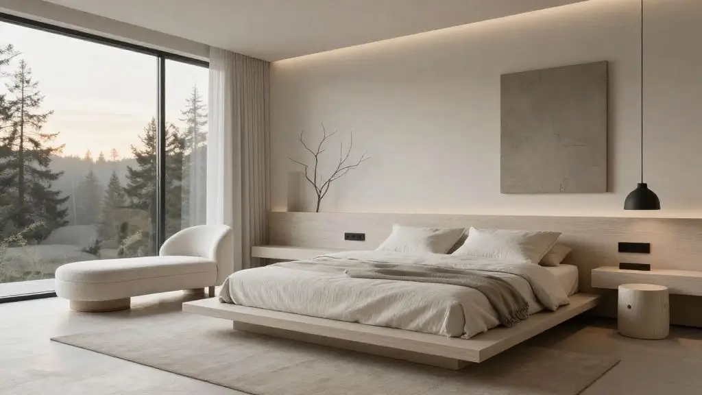 Modern minimalist platform bed with a light wood frame and integrated headboard in a serene, contemporary bedroom.