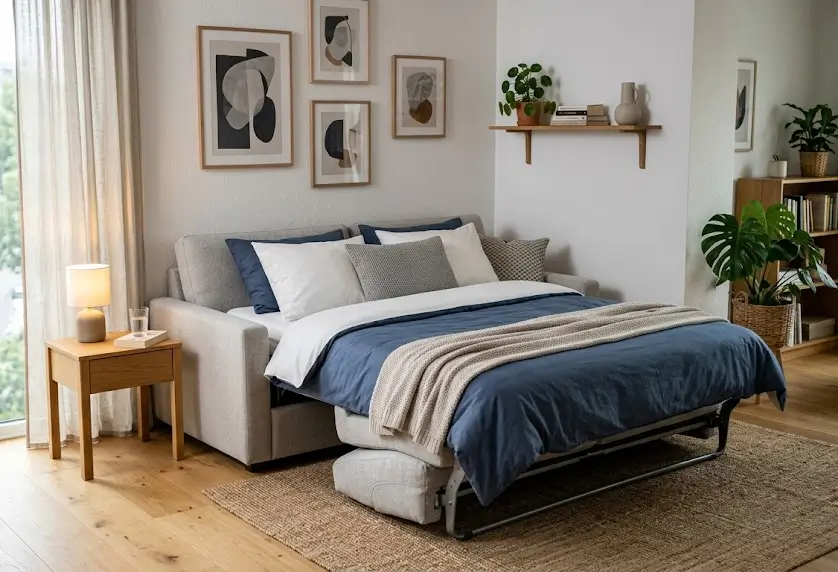 An interior photograph of a modern Scandinavian-style room featuring an unfolded light grey fabric sofa bed, dressed with a dark blue duvet, a beige knitted throw, and multiple pillows. A bedside table with a lamp stands beside it, with a large window, framed art, and plants in the background.