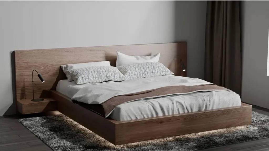 A platform-style Solid Wood Bed featuring an extended headboard panel with integrated floating nightstands and under-bed ambient lighting.