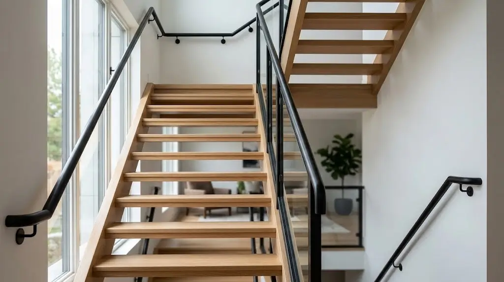 Modern-light-wood-staircase with black metal handrails and glass railings
