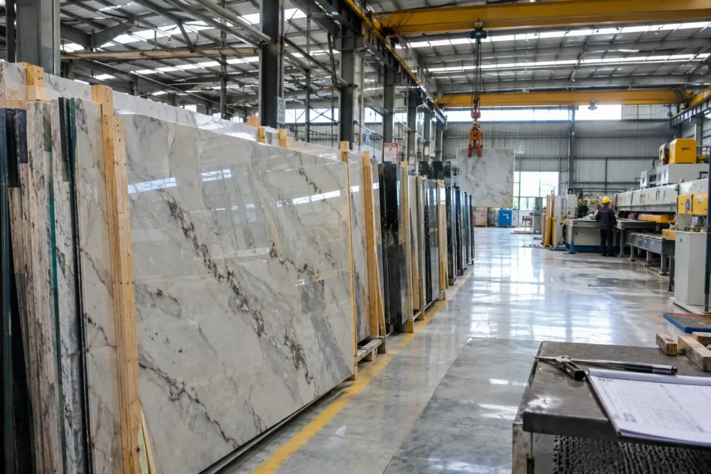 Stone processing factory in China with marble and granite slabs