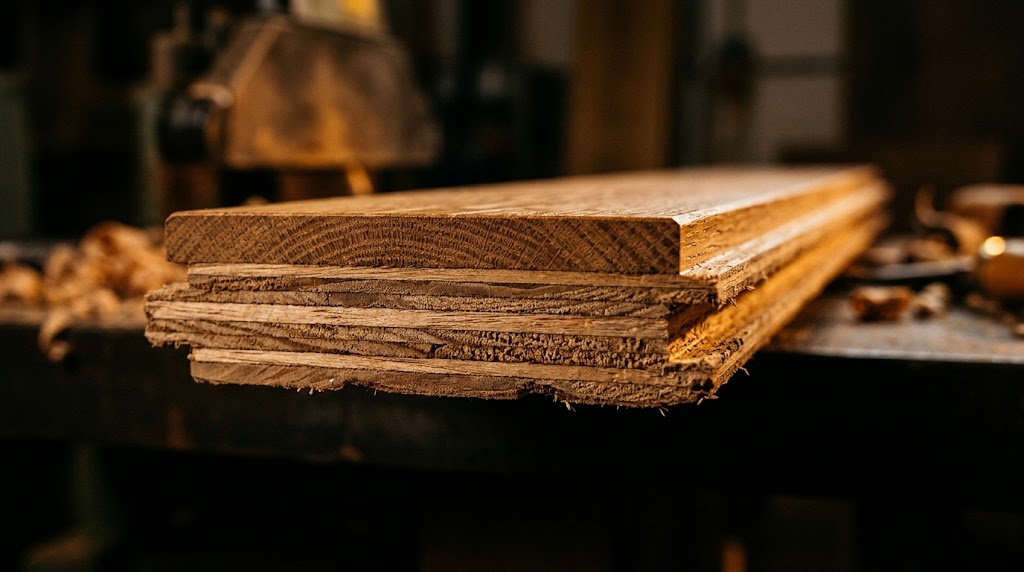 Detailed cross-section view of engineered hardwood flooring illustrating the genuine oak veneer wear layer and dimensional-stability cross-laminated plywood base.
