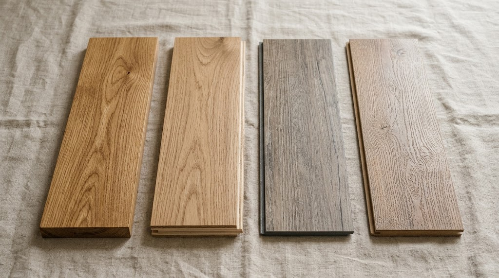 Engineered wood vs solid hardwood vs SPC vs laminate flooring samples comparison