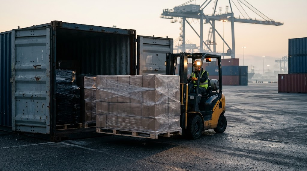 Global flooring supply chain logistics showing a forklift loading export pallets of packaged wood and vinyl flooring into an ocean freight container for international shipment.
