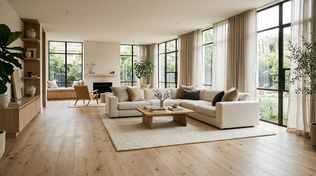 Architectural Digest style modern living room interior showcasing wide-plank blonde oak engineered hardwood floors, natural light, and warm neutral decor.